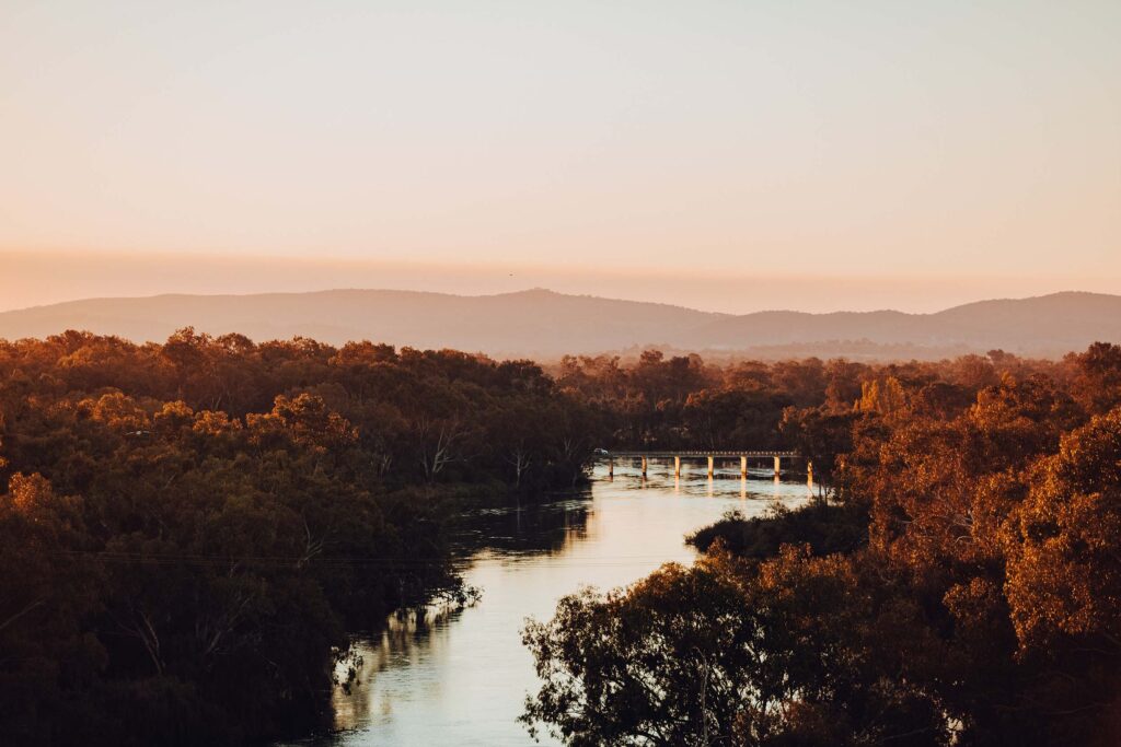 View of bridge across Murray River at sunset