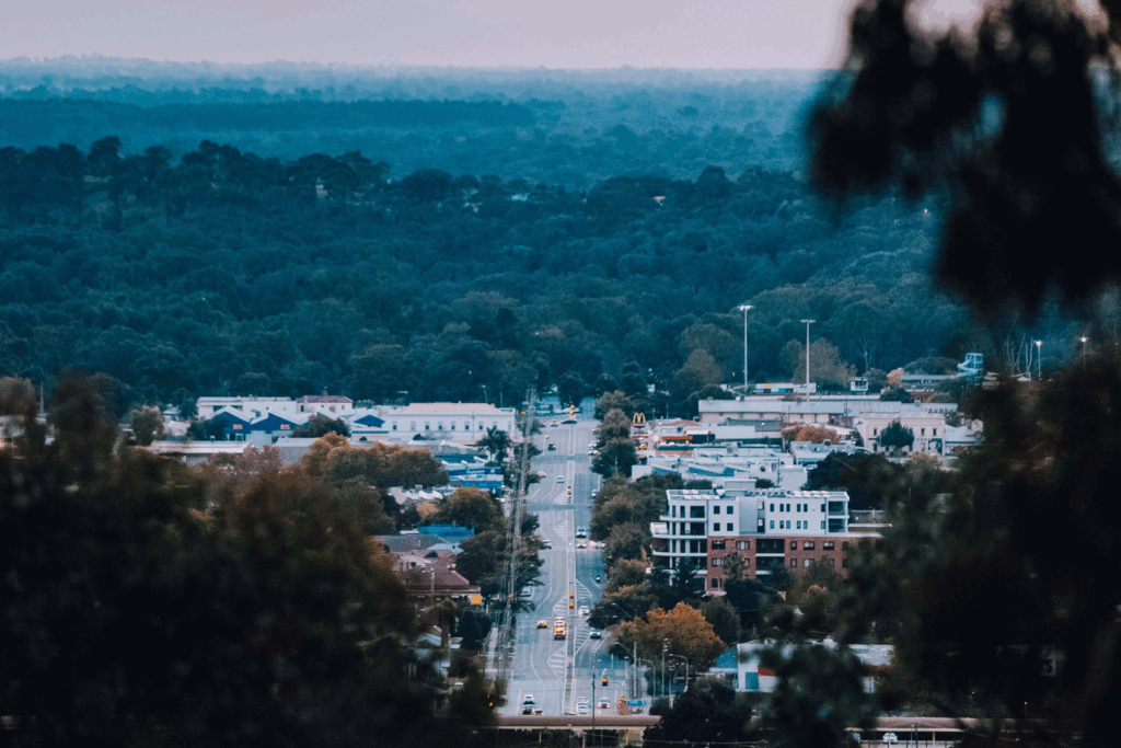 View of Hume Street, Albury from Eastern Hill lookout at dusk