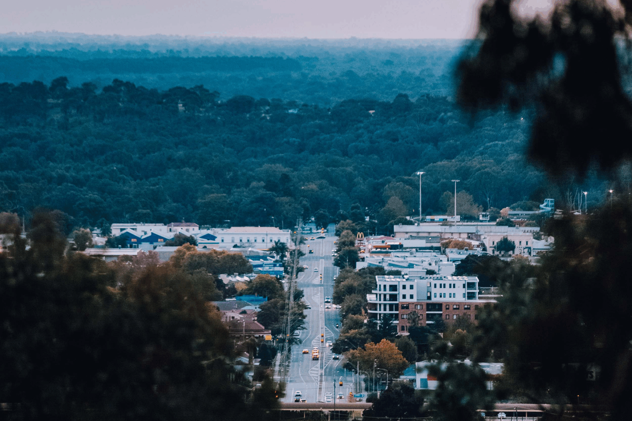 View of Hume Street, Albury from Eastern Hill lookout at dusk