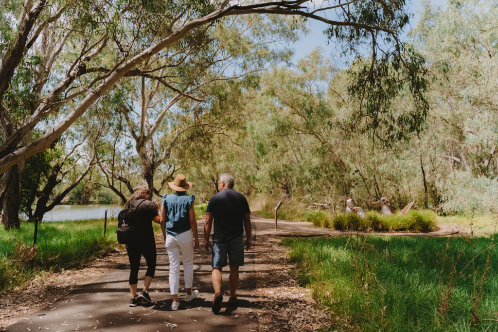 Three people walk along a shaded riverside trail surrounded by tall eucalyptus trees on a sunny day. The path is part of the Yindyamarra Sculpture Walk in Albury Wodonga. In the distance, two large Kookaburra sculptures sit in the grass near the track, blending art with the natural landscape.
